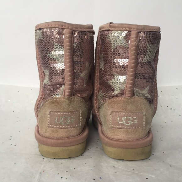 Ugg Kids Classic Short Suede Pink Sequin Stars Boot II - Size 6 Shearling Lined - Picture 8 of 11